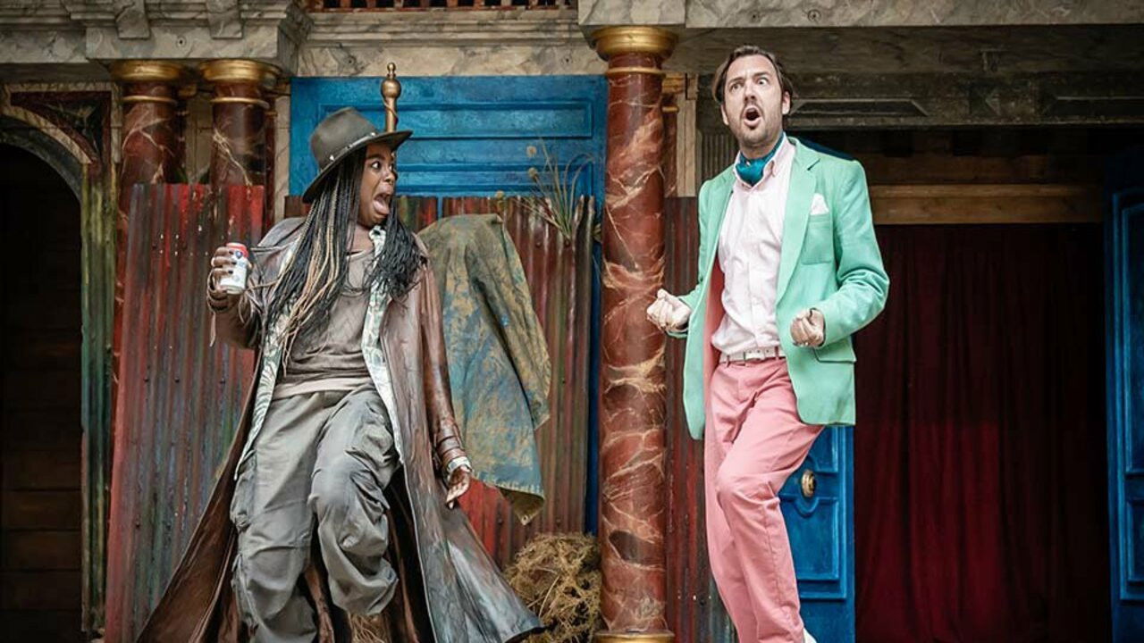 Twelfth Night from Shakespeare's Globe backdrop