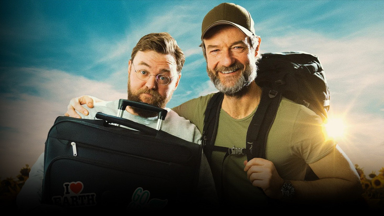 Med rygsæk og rullekuffert backdrop