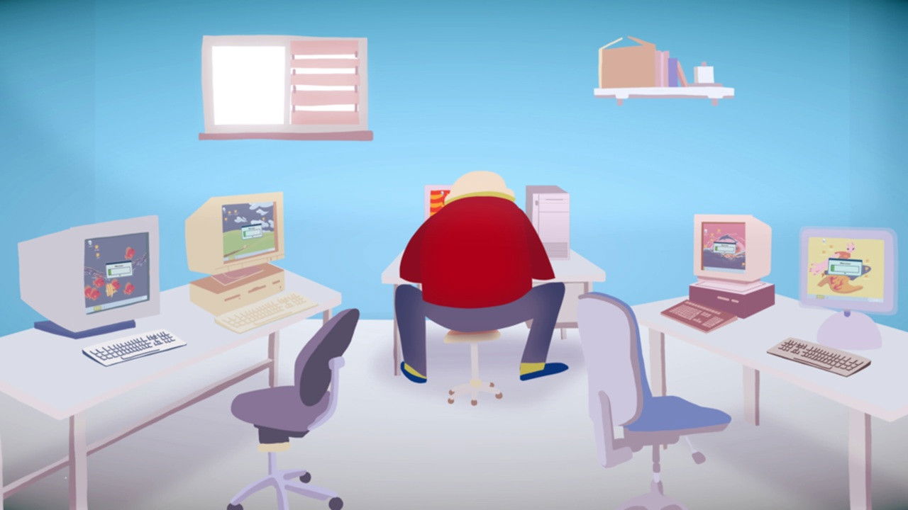 Vie et Mort des écrans de veille dans une salle informatique backdrop