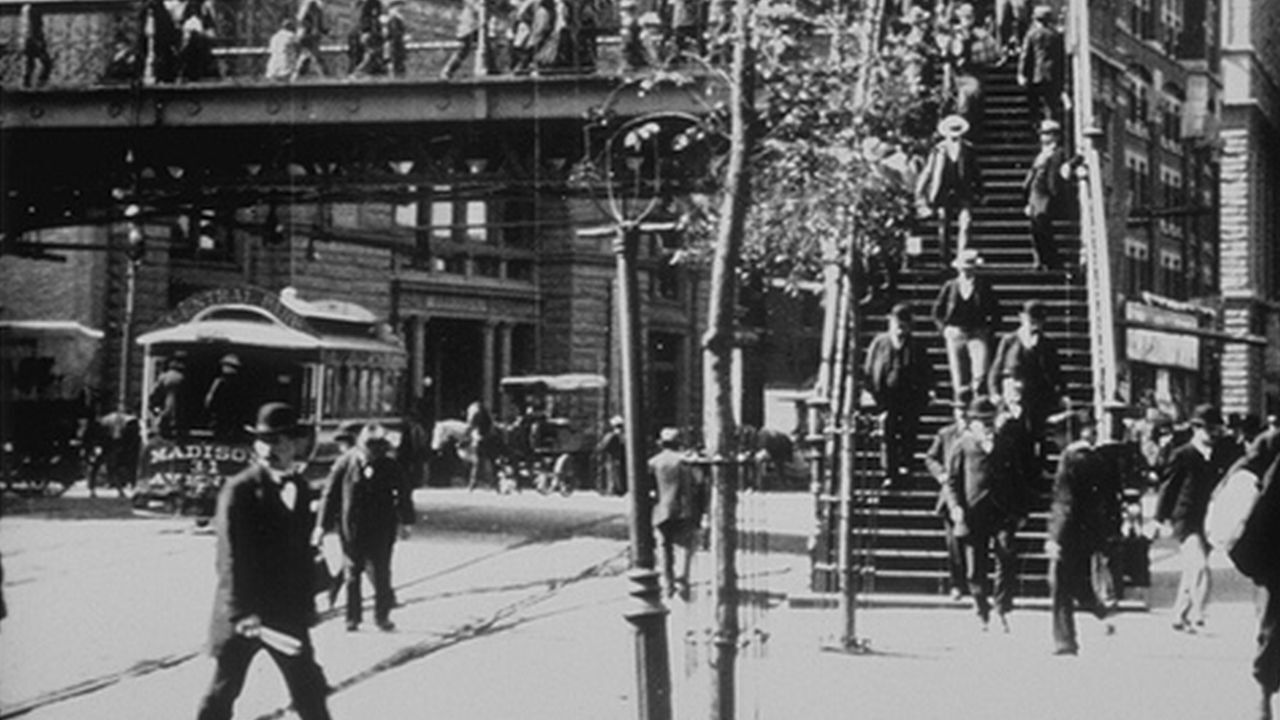 Passengers Descending from the Brooklyn Bridge backdrop